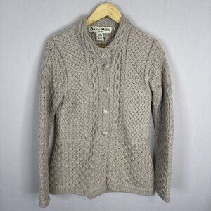 Aran Mor Ireland 100% Merino Wool Cable Knit Cardigan Sweater Women’s M Beige